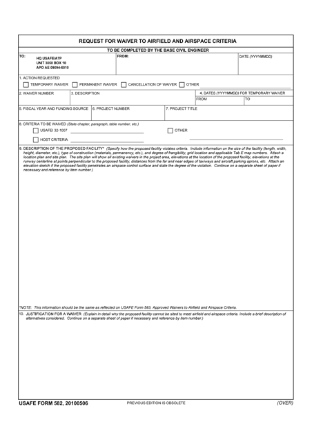 USAFE Form 582 Request for Waiver to Airfield and Airspace Criteria