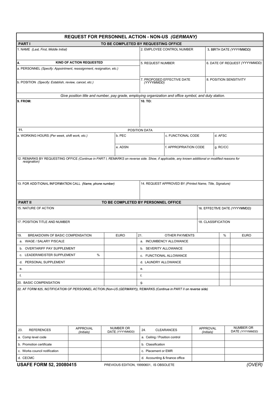 USAFE Form 52 Request for Personnel Action - Non-US (Germany), Page 1