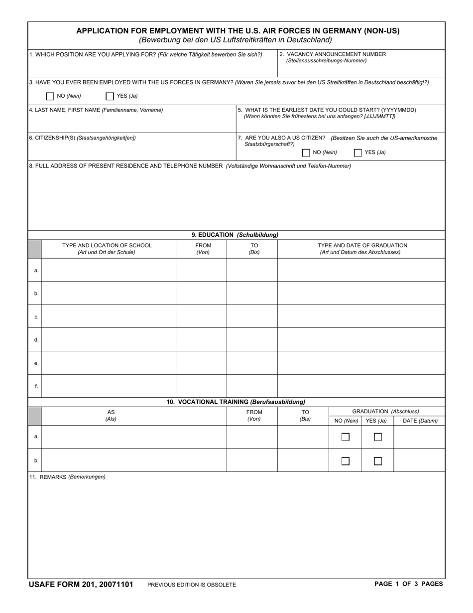USAFE Form 201 Application for Employment With the US Air Forces in Germany (Non-US) (English / German), Page 1