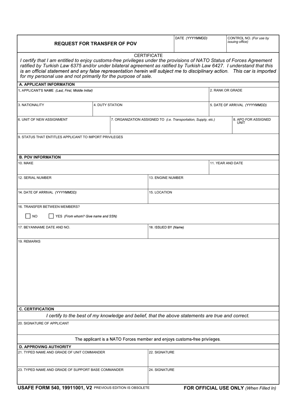 USAFE Form 540 Request for Transfer of Pov, Page 1