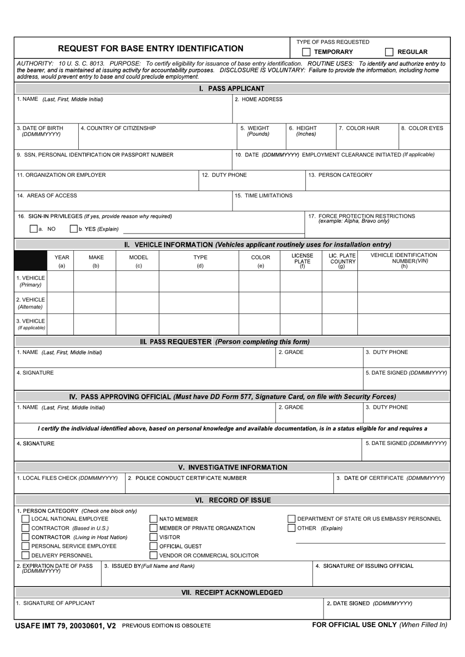 USAFE IMT Form 79 Request for Base Entry Identification, Page 1