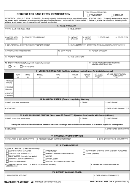 USAFE IMT Form 79 Request for Base Entry Identification