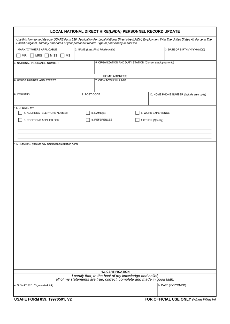 USAFE Form 859 Local National Direct Hire (Lndh) Personnel Record Update, Page 1
