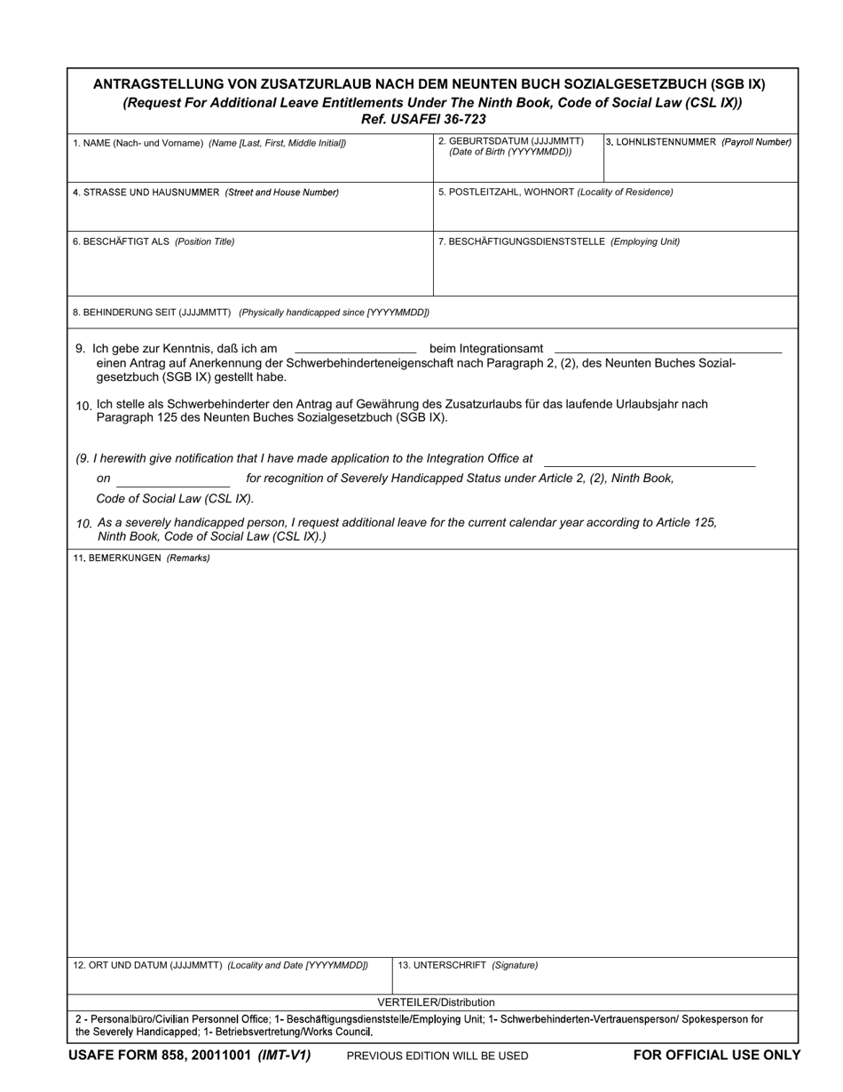 USAFE Form 858 Request for Additional Leave Entitlements Under the Ninth Book, Code of Social Law (Csl IX)) (English / German), Page 1