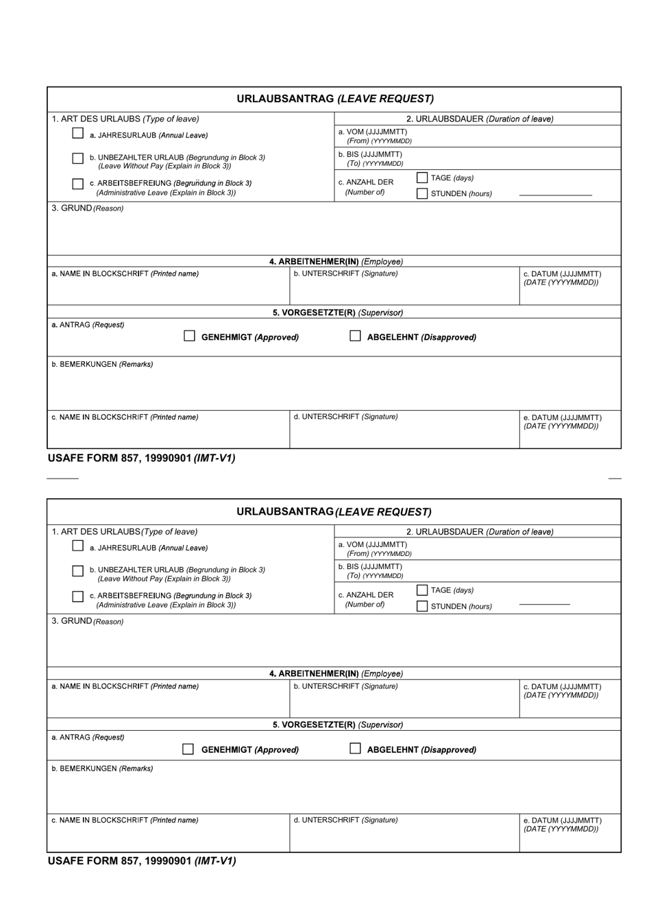USAFE Form 857 Leave Request (English / German), Page 1