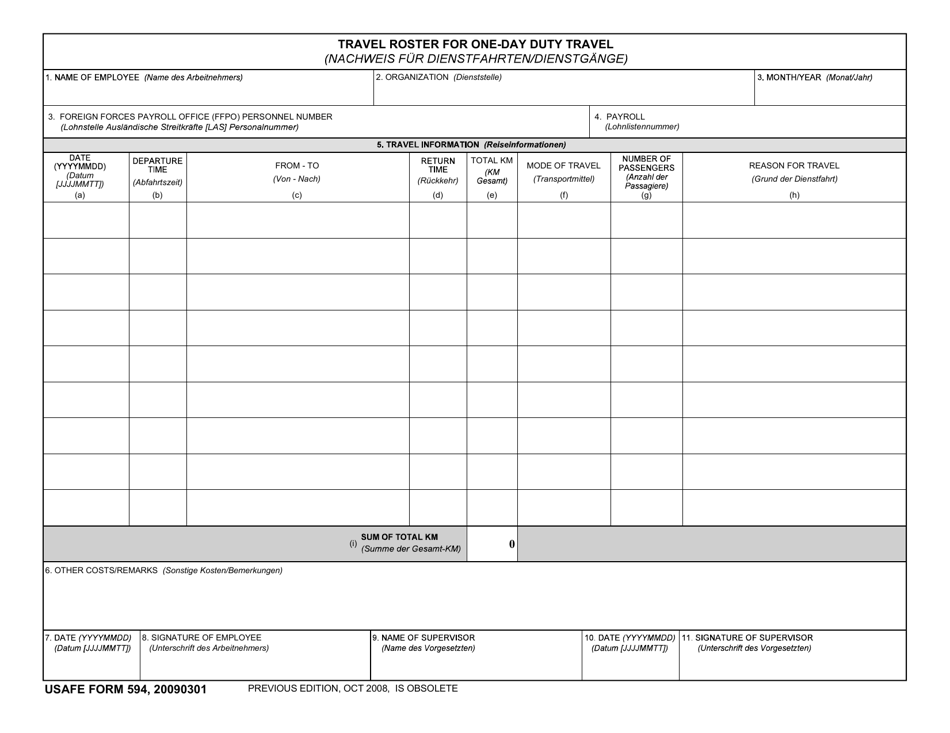 USAFE Form 594 Travel Roster for One-Day Duty Travel (English / German), Page 1