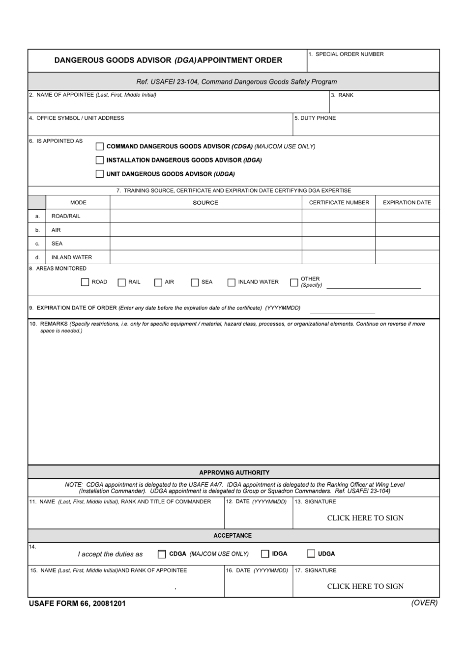 USAFE Form 66 Dangerous Goods Advisor (Dga) Appointment Order, Page 1