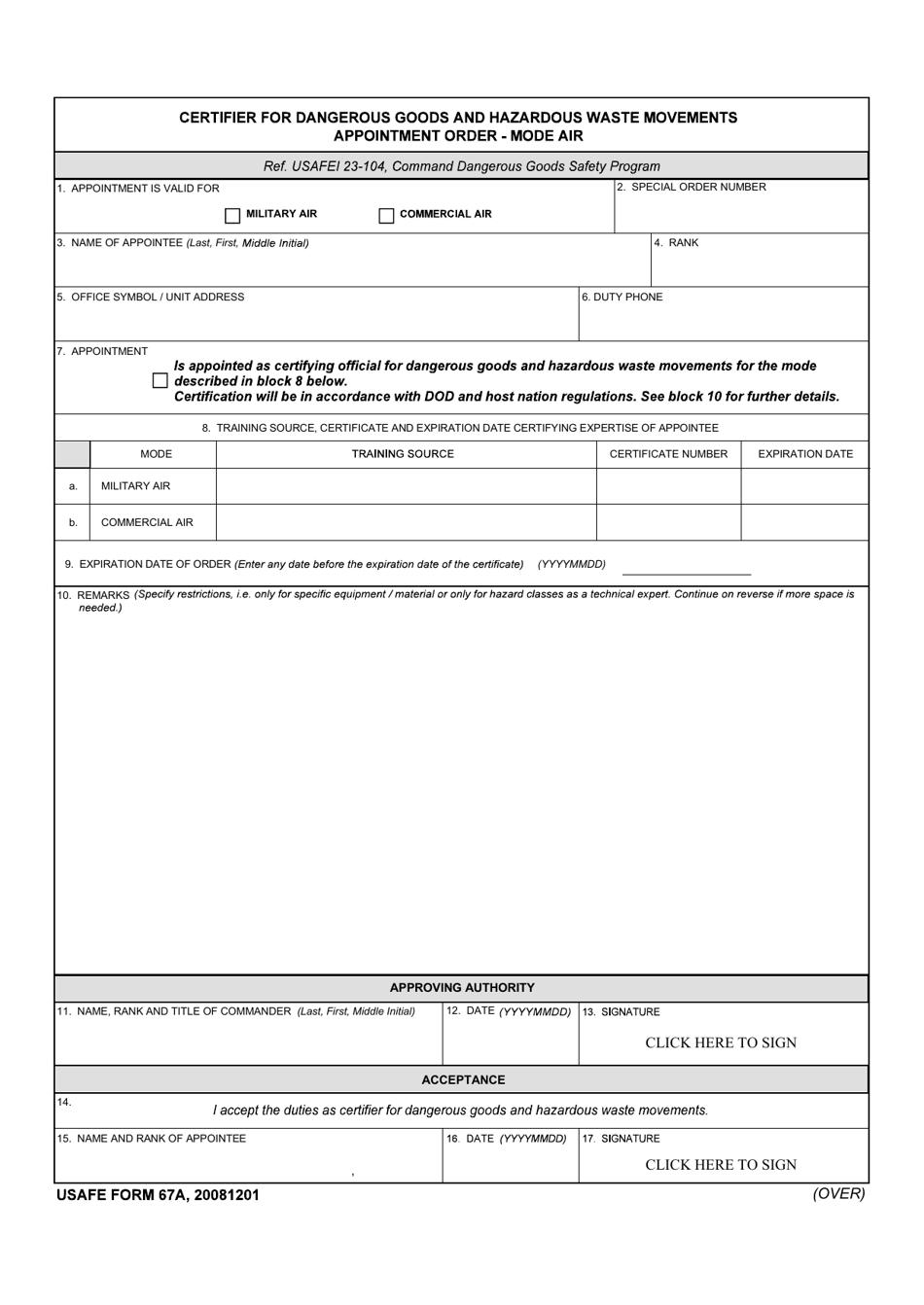 USAFE Form 67A Certifier for Dangous Goods and Hazardous Waste Movements Appointment Order - Mode Air, Page 1
