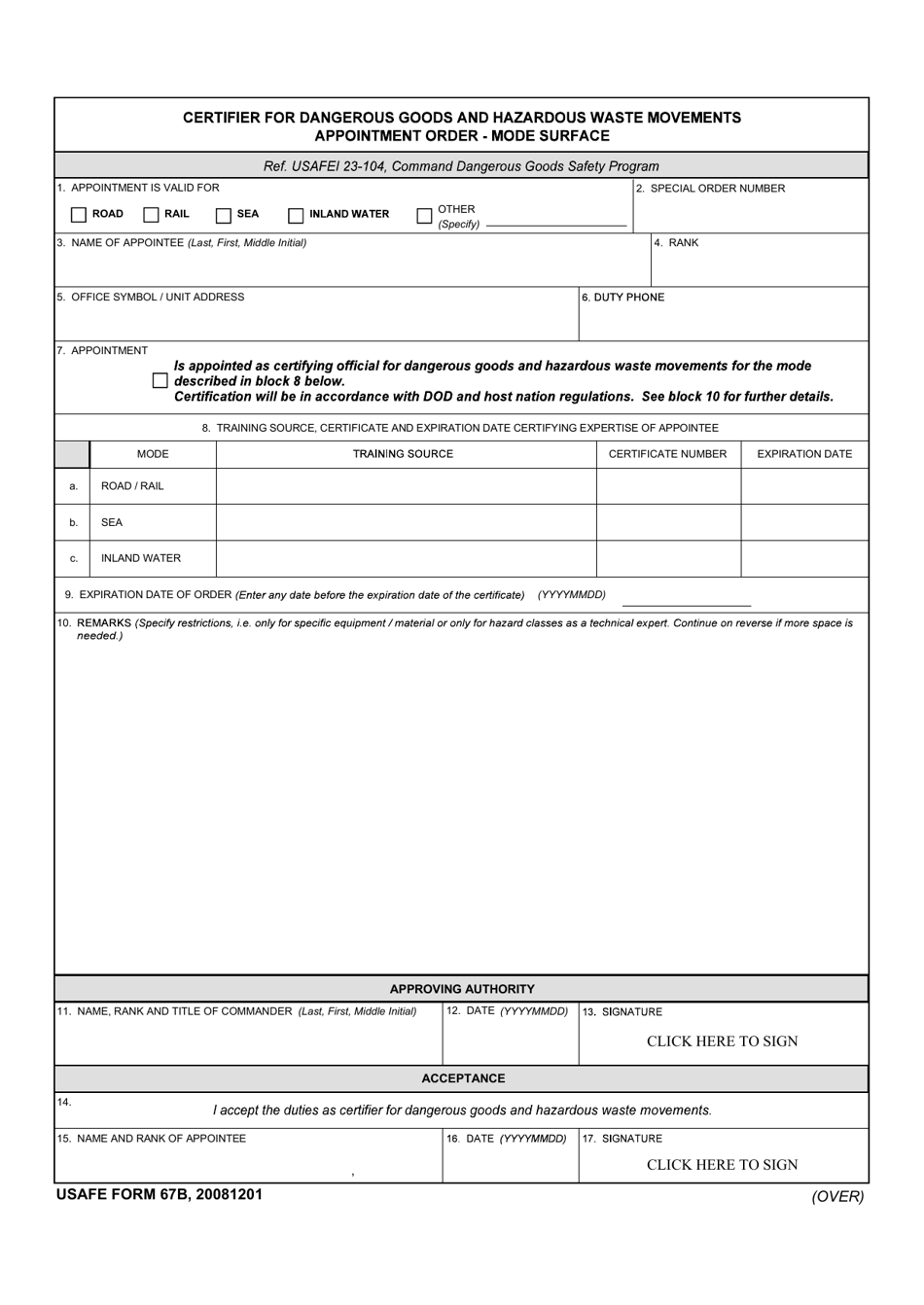 USAFE Form 67B Certifier for Dangous Goods and Hazardous Waste Movements Appointment Order - Mode Surface, Page 1