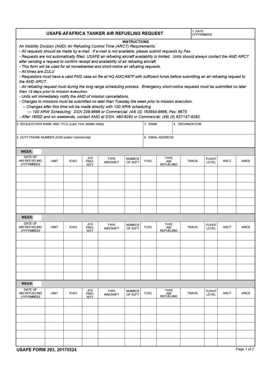 USAFE Form 293 Usafe-Afafrica Tanker Air Refueling Request, Page 1