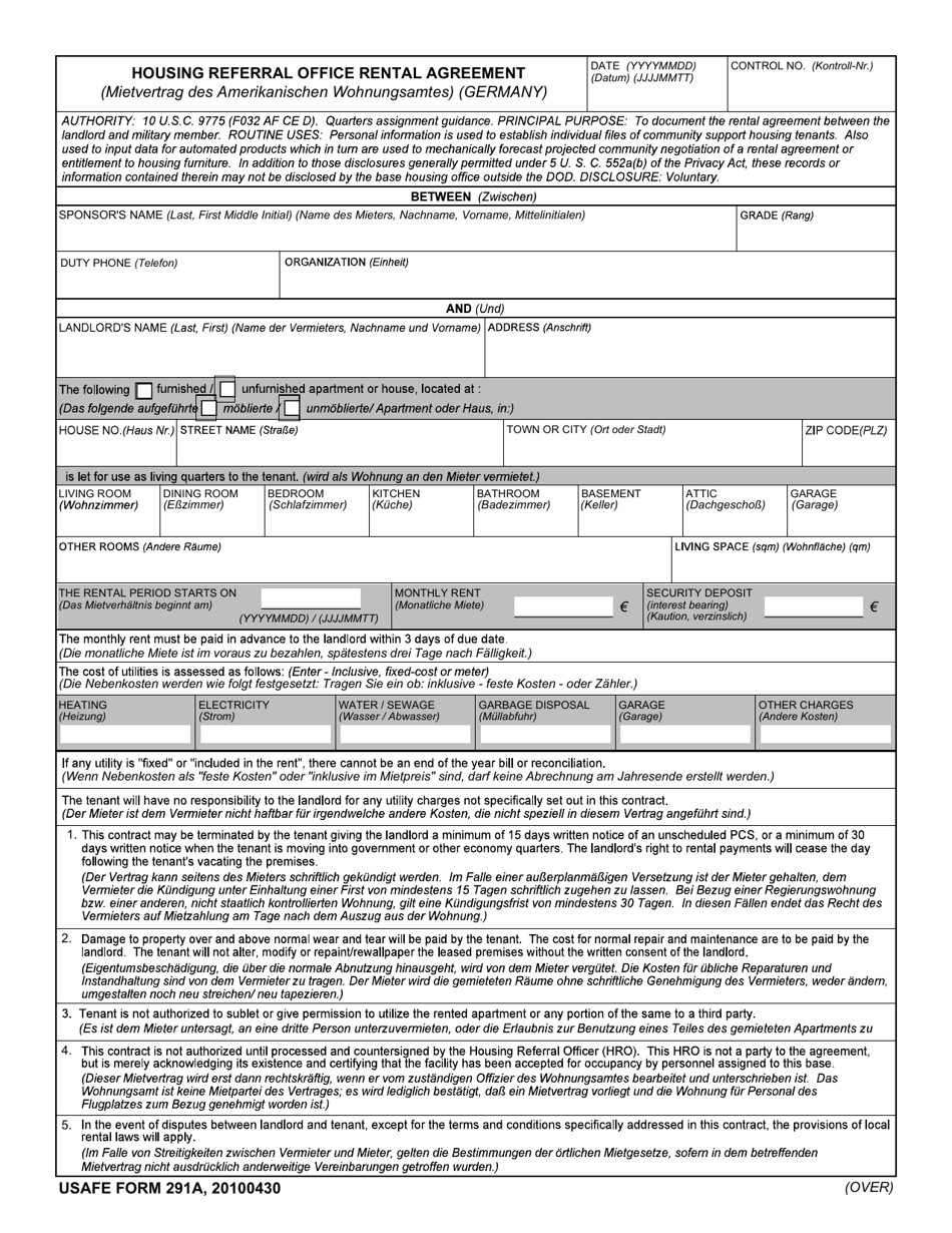 USAFE Form 291A Housing Referral Office Rental Agreement (Germany) (English / German), Page 1