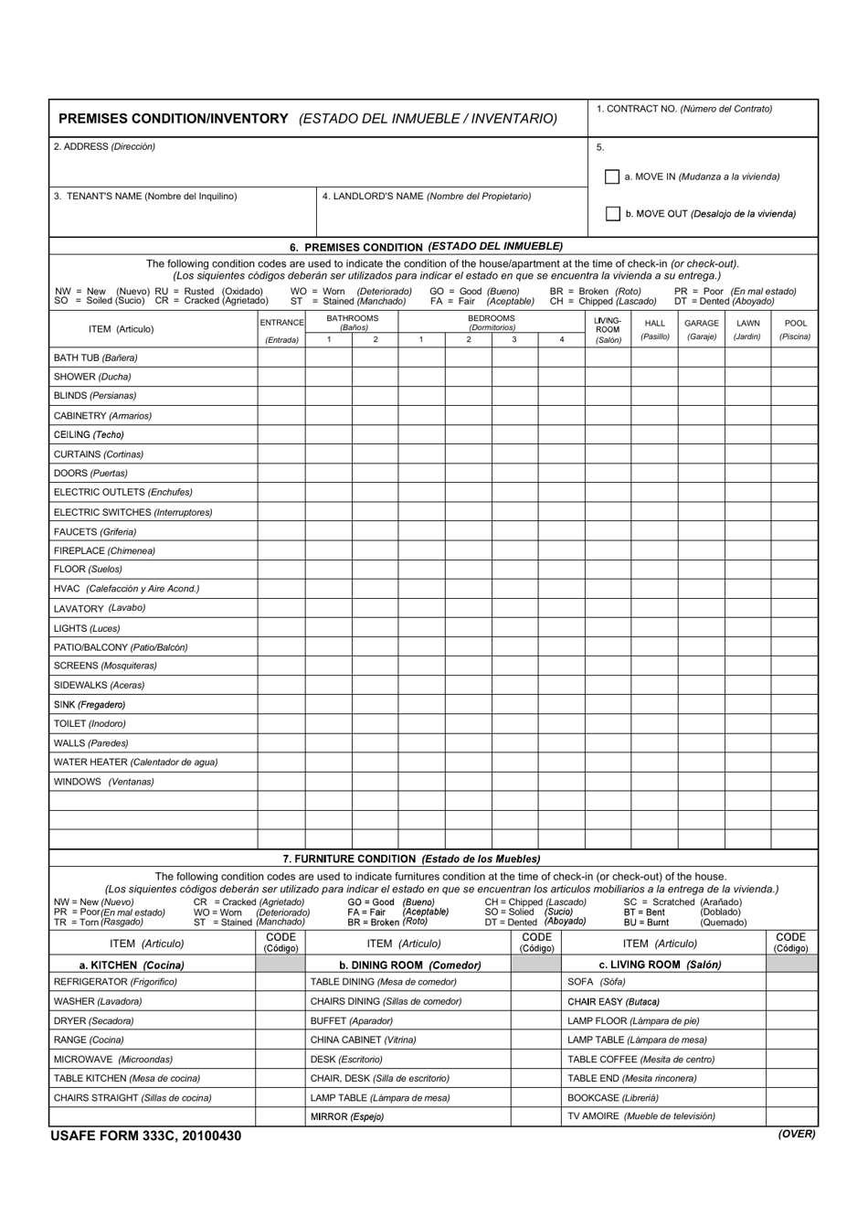 USAFE Form 333C Premises Condition / Inventory (English / Spanish), Page 1