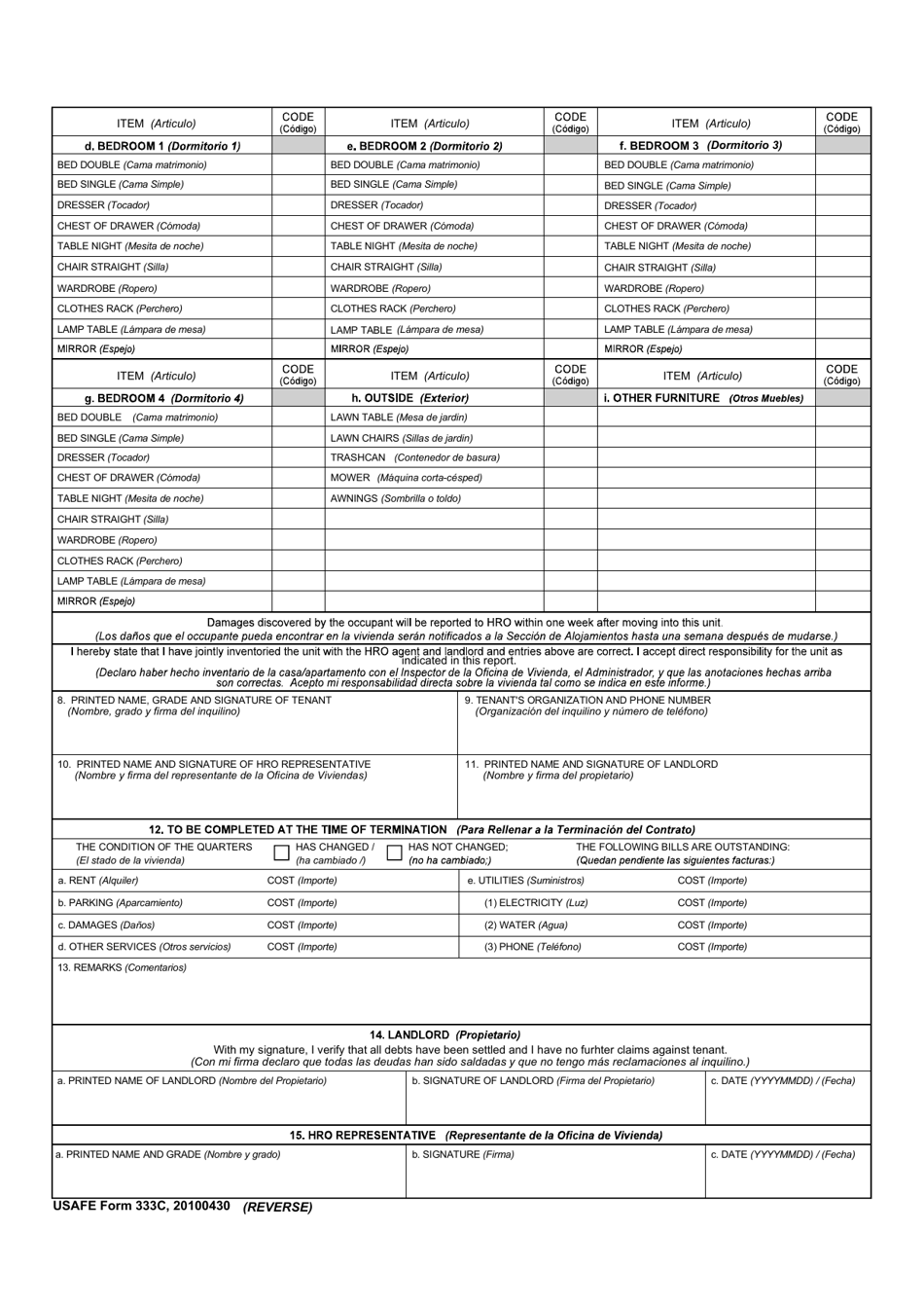 USAFE Form 333C Premises Condition / Inventory (English / Spanish), Page 2