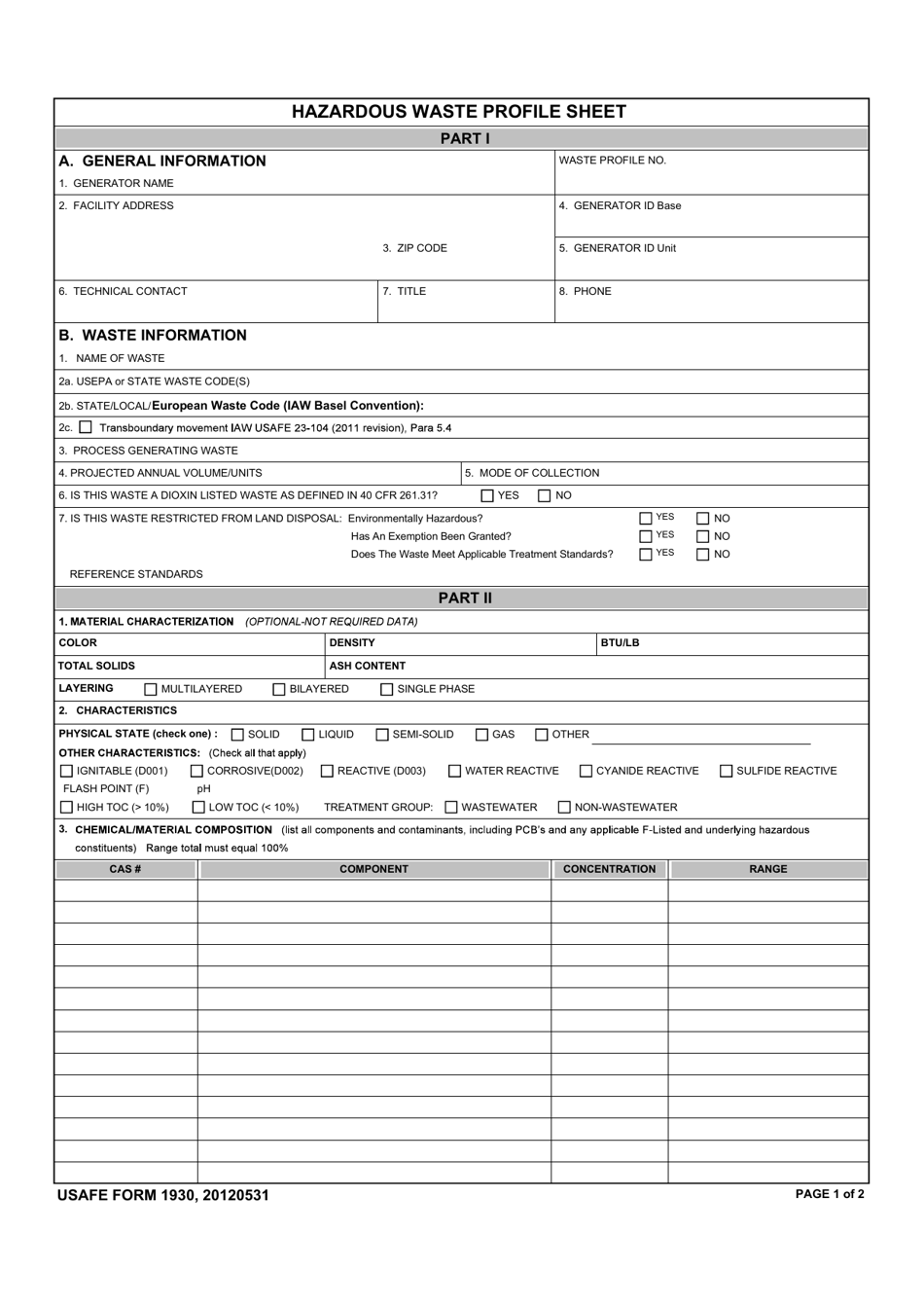 USAFE Form 1930 Download Fillable PDF or Fill Online Hazardous Waste ...