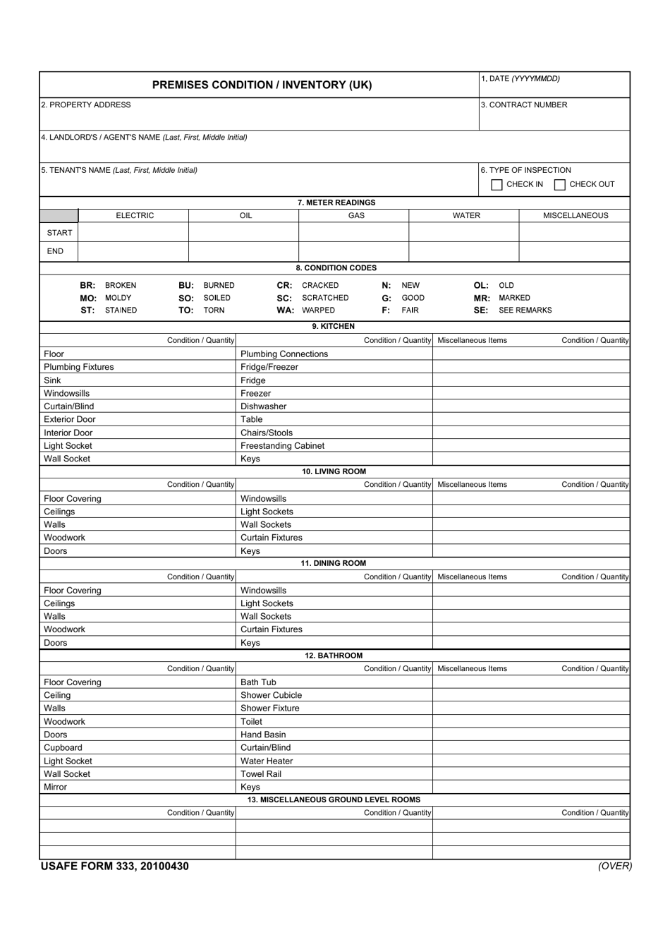 USAFE Form 333 Premises Condition / Inventory (UK), Page 1