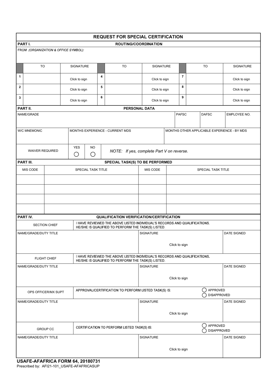 USAFE-AFAFRICA Form 64 Request for Special Certification, Page 1