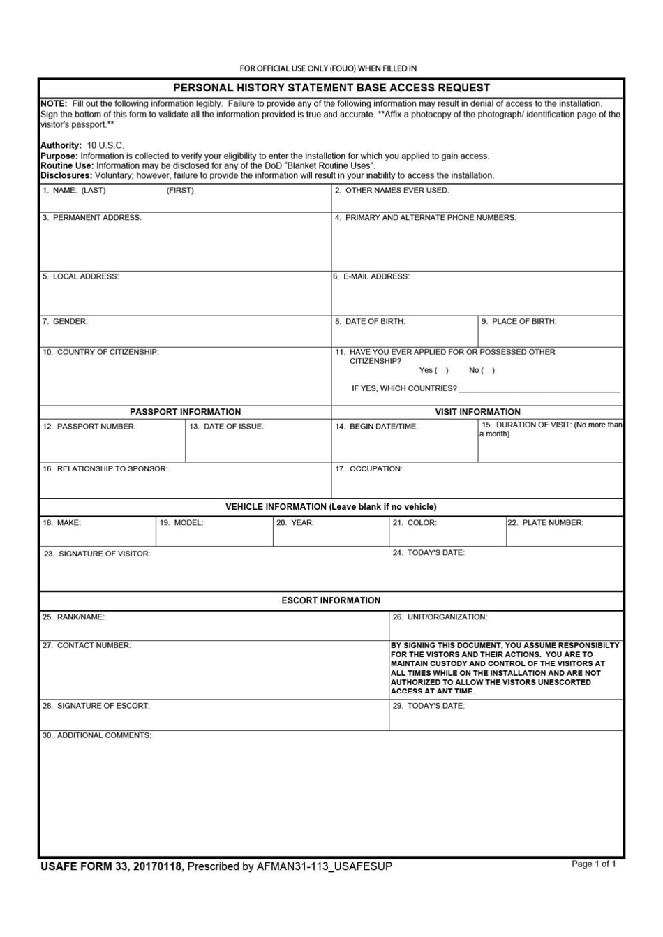 USAFE Form 33 Personal History Statement Base Access Request, Page 1