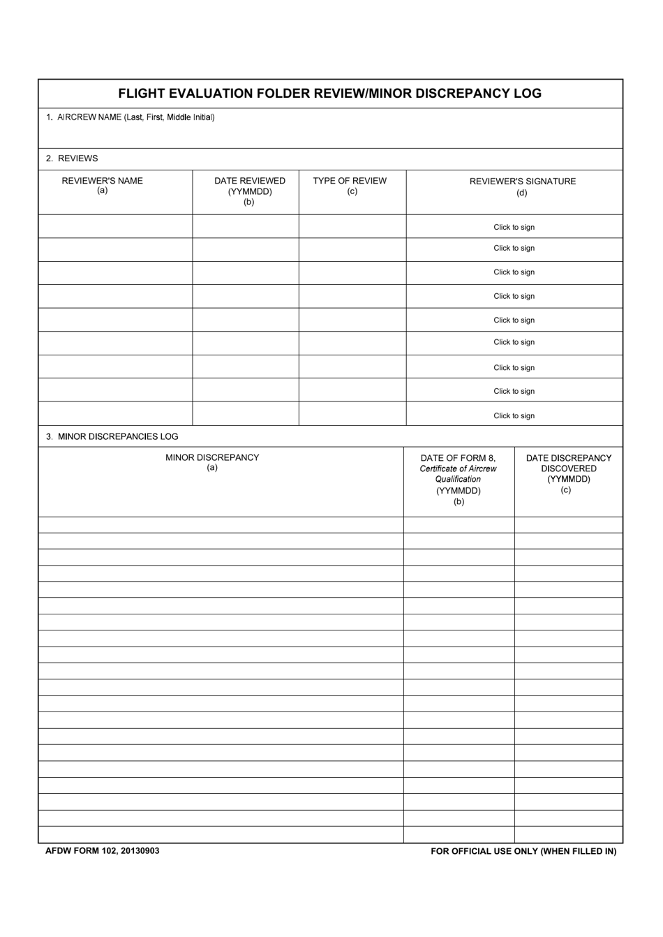 AFDW Form 102 Flight Evaluation Folder Review / Minor Discrepancy Log, Page 1