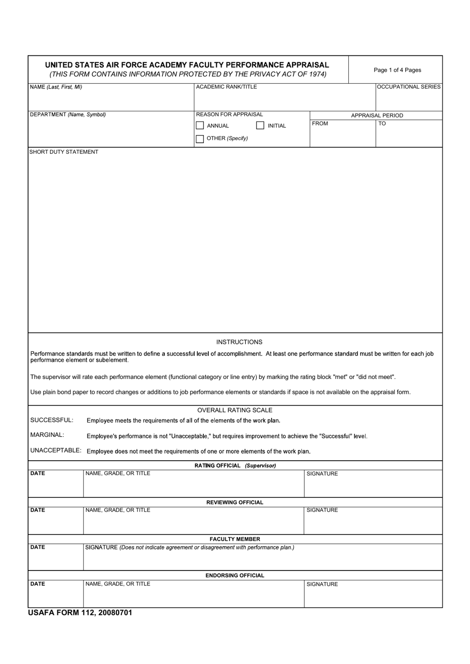 USAFA Form 112 United States Air Force Academy Faculty Performance Appraisal, Page 1