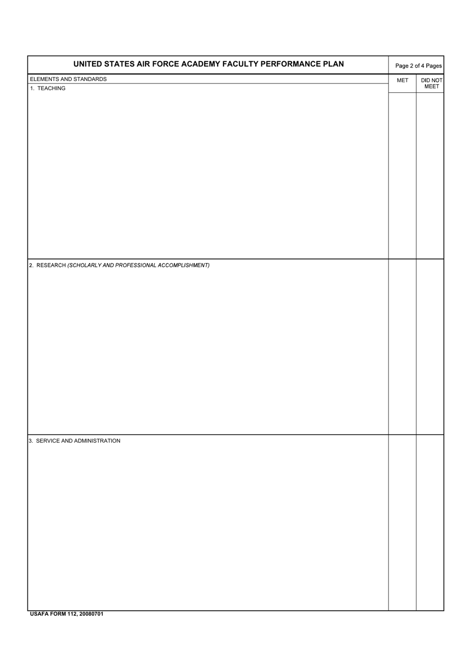 USAFA Form 112 United States Air Force Academy Faculty Performance Appraisal, Page 2
