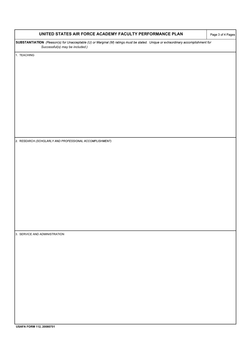 USAFA Form 112 United States Air Force Academy Faculty Performance Appraisal, Page 3