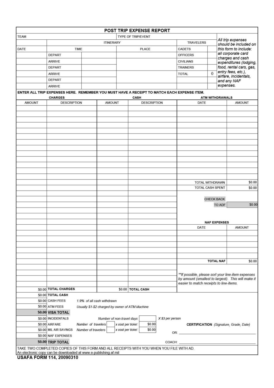 USAFA Form 114 Post Trip Expense Report, Page 1