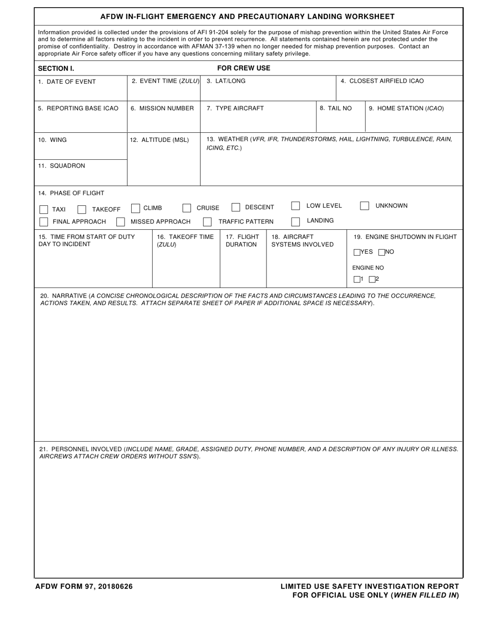 AFDW Form 97 Afdw In-Flight Emergency Precautionary Landing Worksheet, Page 1