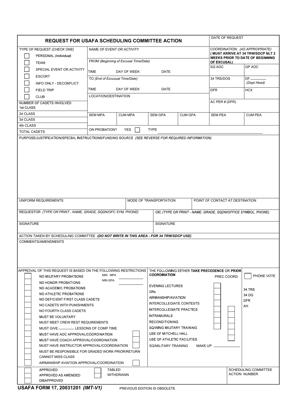 USAFA Form 17 Request for Usafa Scheduling Committee Action, Page 1