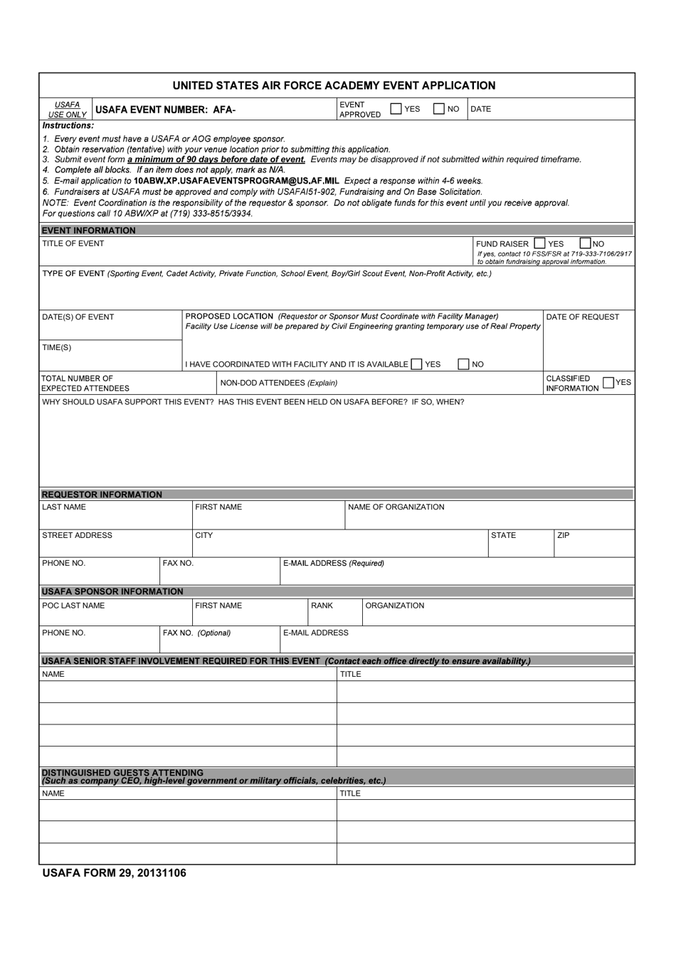 USAFA Form 29 United States Air Force Academy Event Application, Page 1