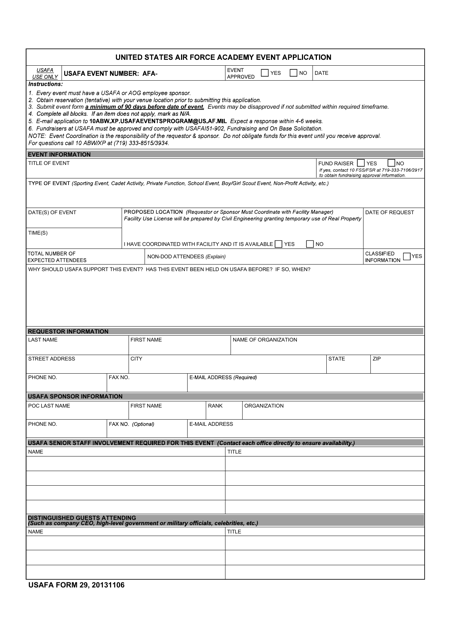 USAFA Form 29  Printable Pdf