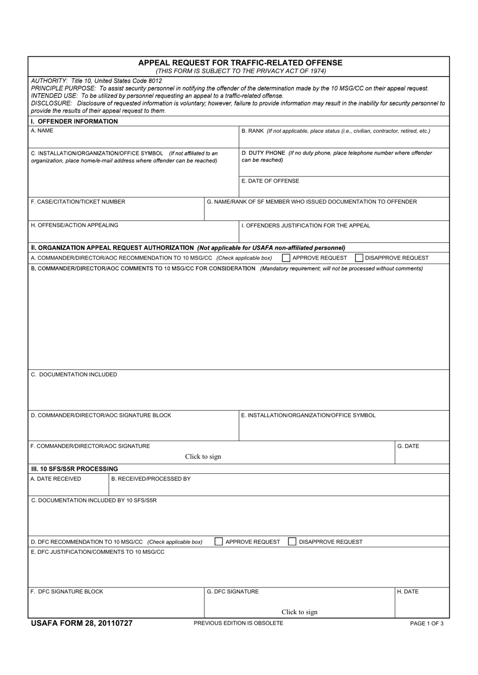 USAFA Form 28 Appeal Request for Traffic-Related Offense, Page 1