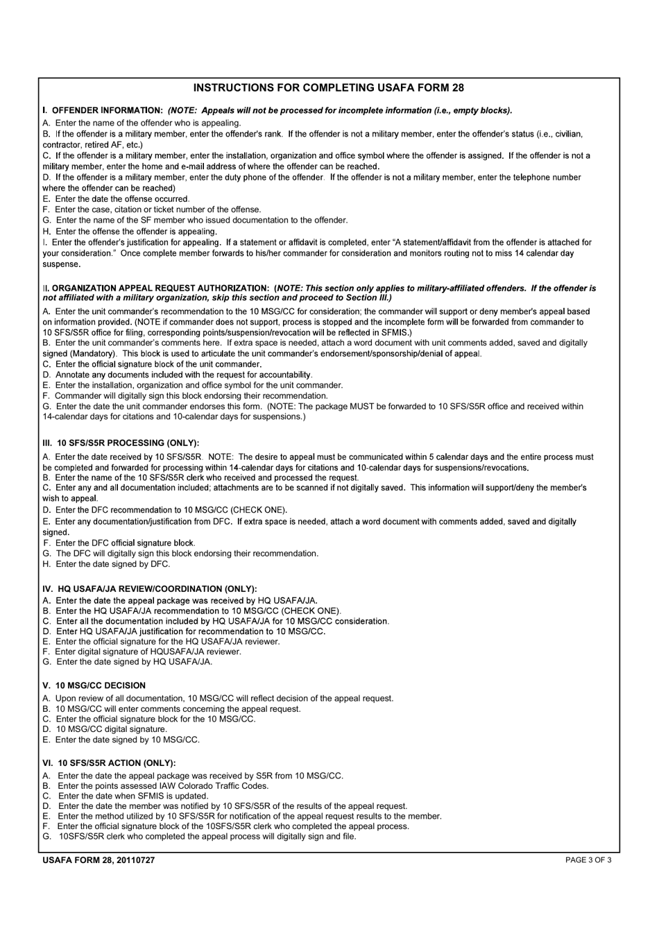 USAFA Form 28 Appeal Request for Traffic-Related Offense, Page 3