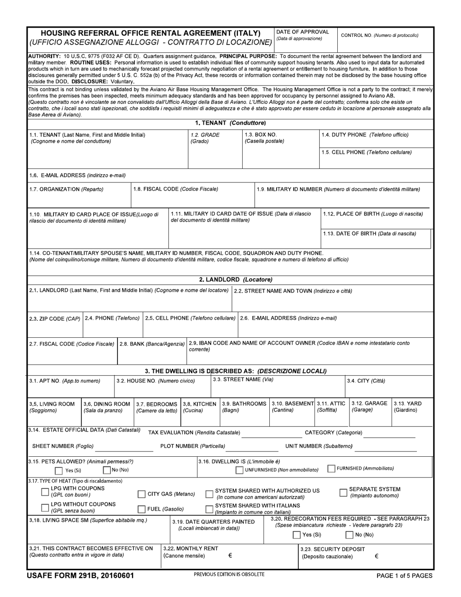 USAFE Form 291B Housing Referral Office Rental Agreement (Italy) (English / Italian), Page 1