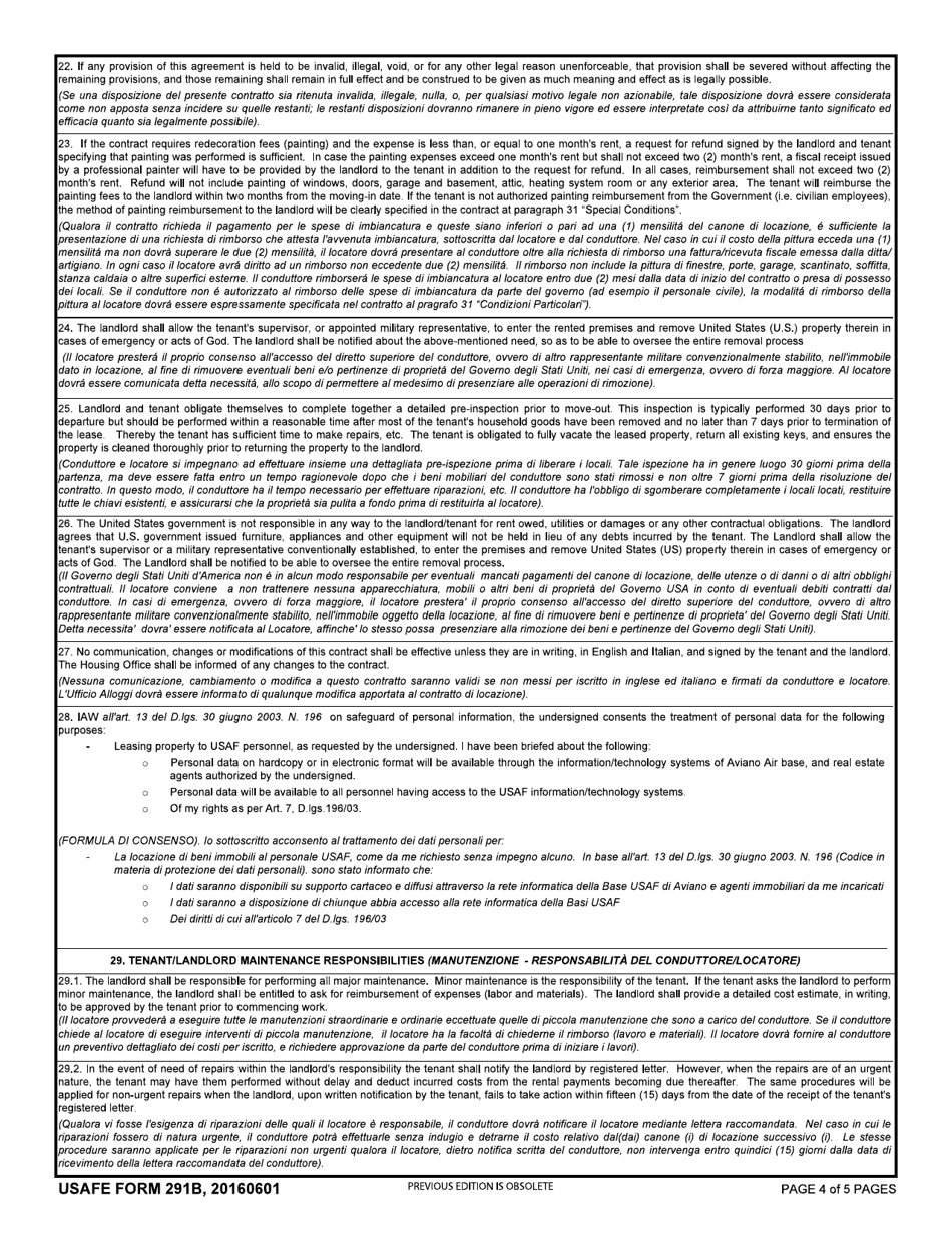 USAFE Form 291B Housing Referral Office Rental Agreement (Italy) (English / Italian), Page 4