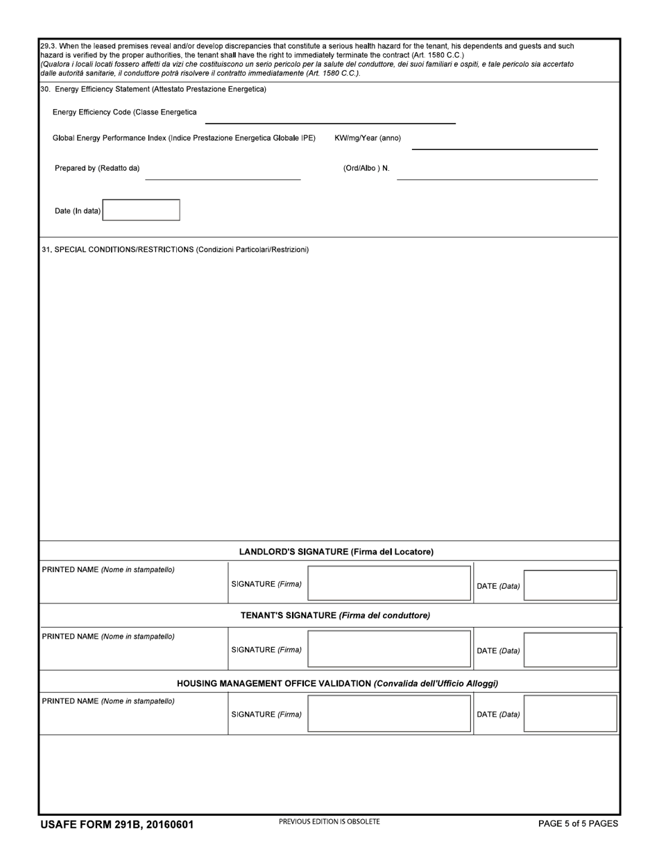 USAFE Form 291B Housing Referral Office Rental Agreement (Italy) (English / Italian), Page 5