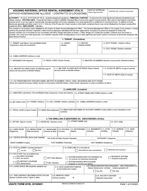 USAFE Form 291B  Printable Pdf