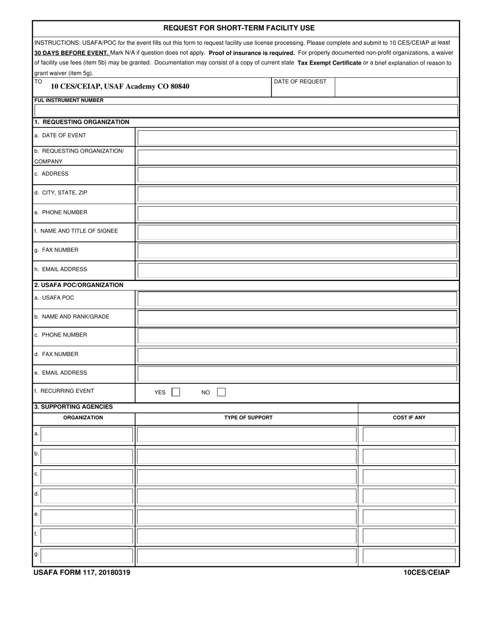 USAFA Form 117 Request for Short-Term Facility Use, Page 1