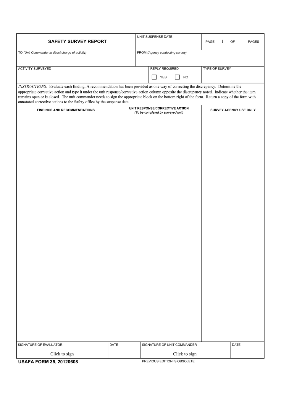 USAFA Form 35 Safety Survey Report, Page 1