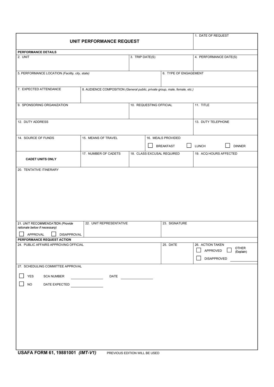 USAFA Form 61 Unit Performance Request, Page 1