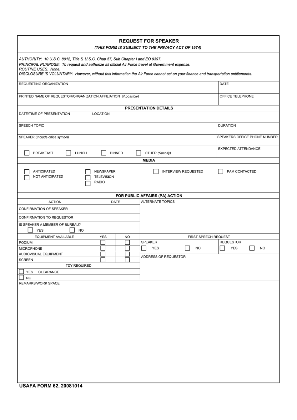 USAFA Form 62 Request for Speaker, Page 1
