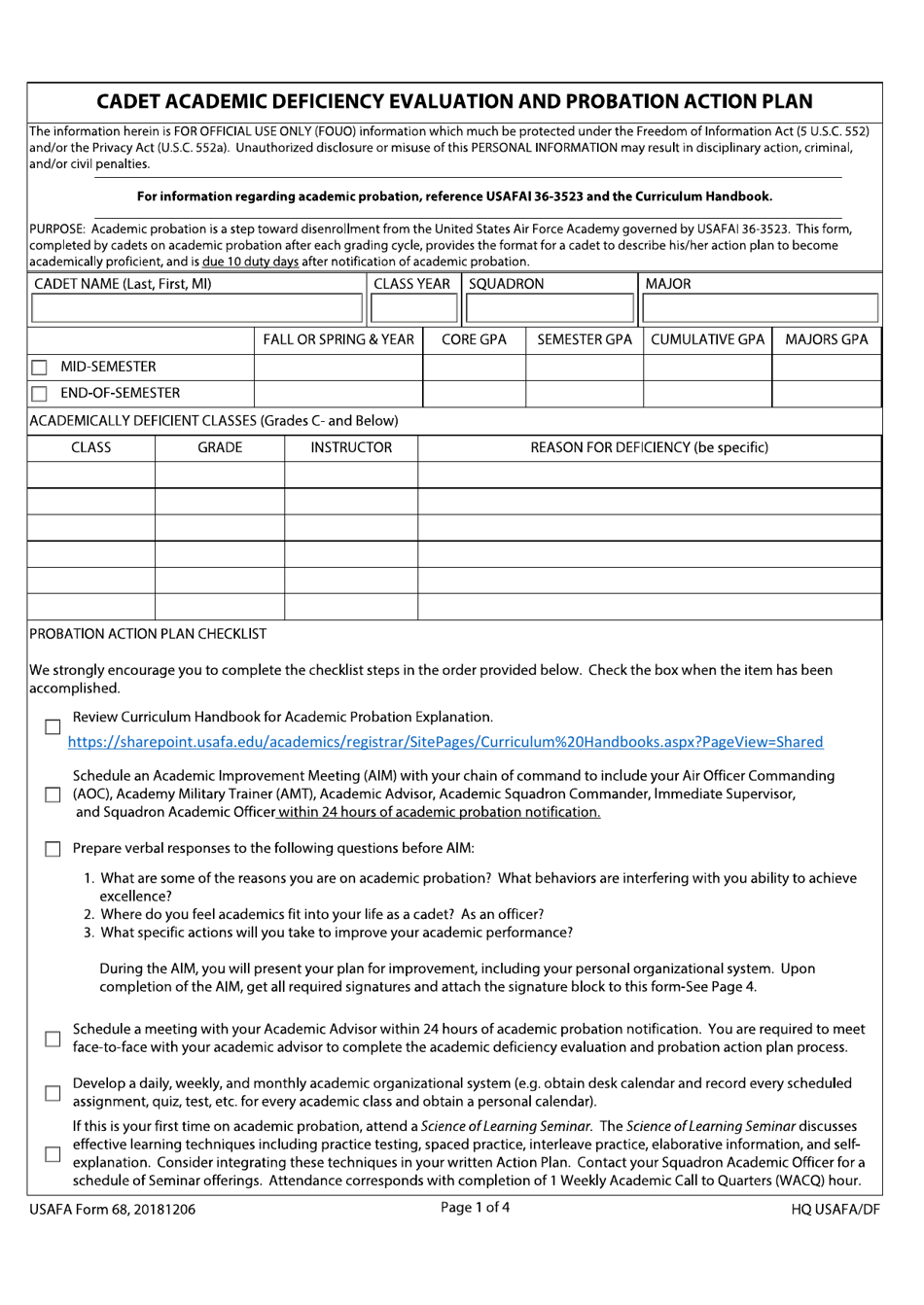 USAFA Form 68 Cadet Academic Deficiency Evaluation and Probation Action Plan, Page 1