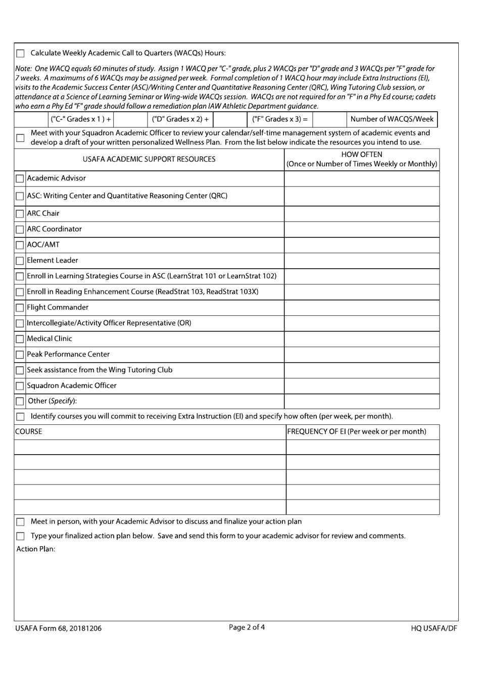 USAFA Form 68 Cadet Academic Deficiency Evaluation and Probation Action Plan, Page 2