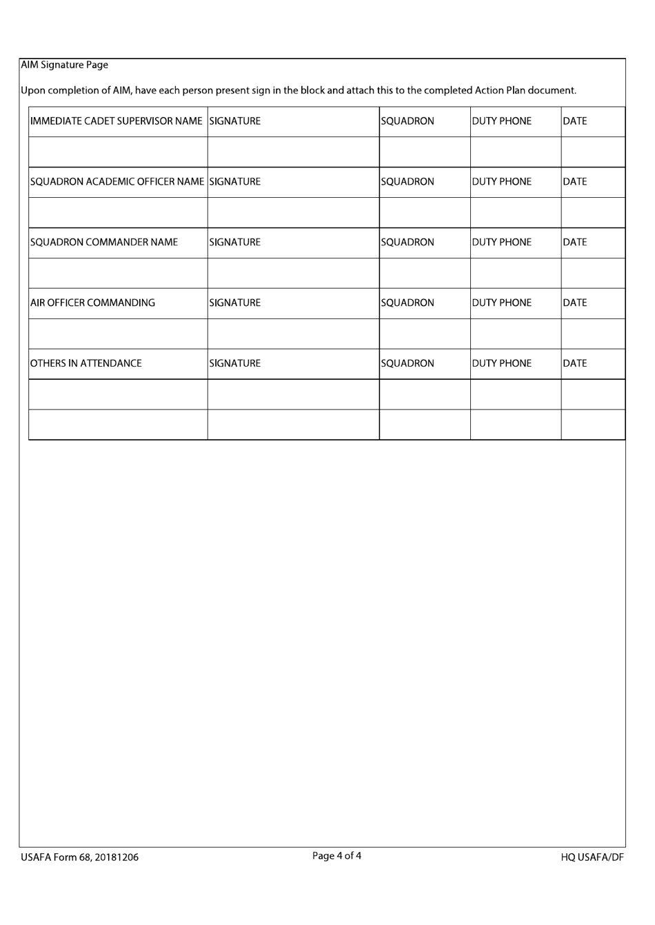 USAFA Form 68 Cadet Academic Deficiency Evaluation and Probation Action Plan, Page 4
