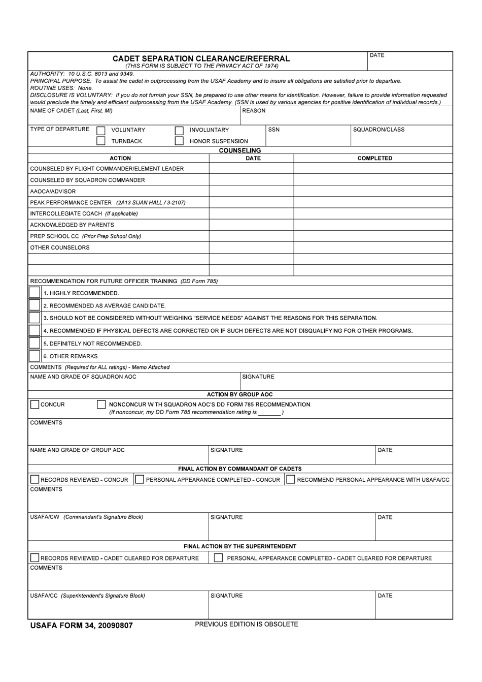 USAFA Form 34 Cadet Separation Clearance / Referral, Page 1