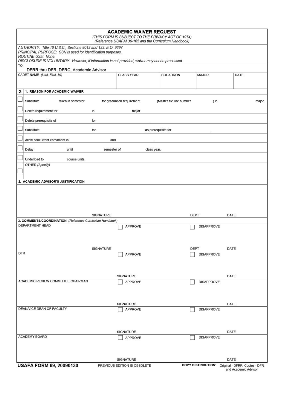 USAFA Form 69 Academic Waiver Request, Page 1