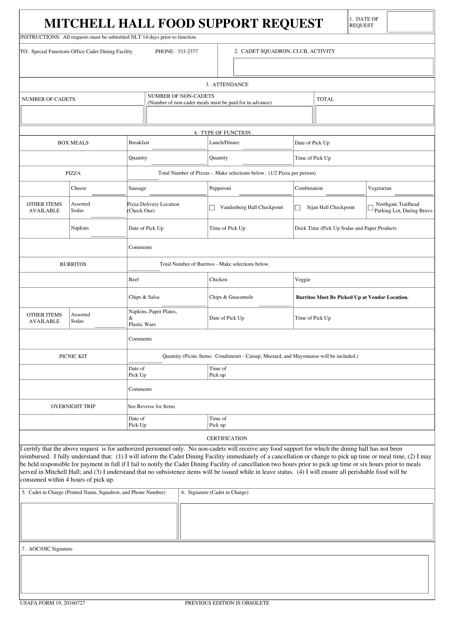 USAFA Form 19 Mitchell Hall Food Support Request