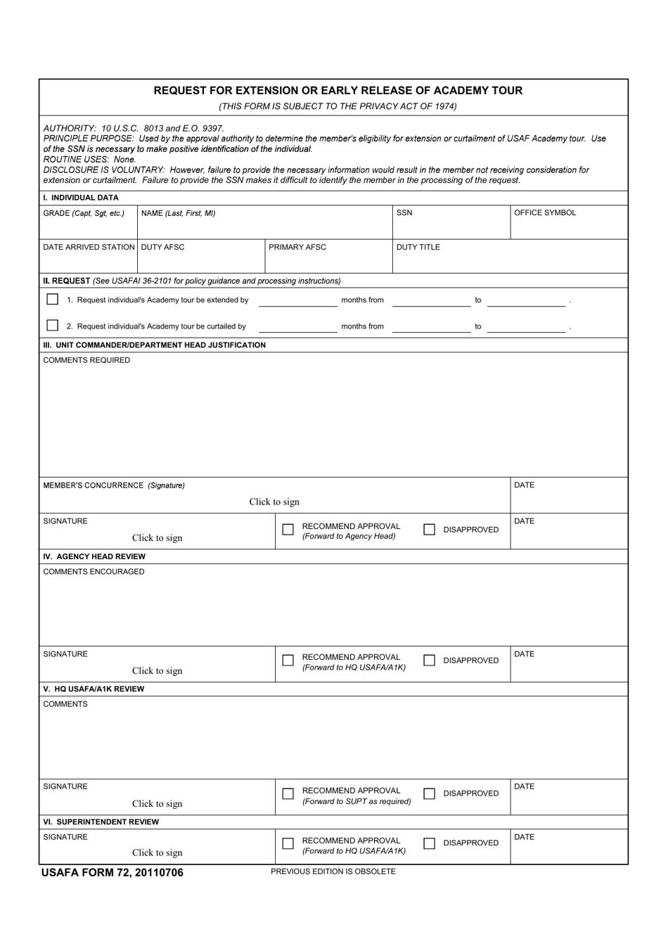 USAFA Form 72 Request for Extension or Early Release of Academy Tour, Page 1