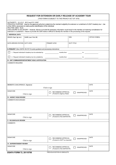 USAFA Form 72  Printable Pdf