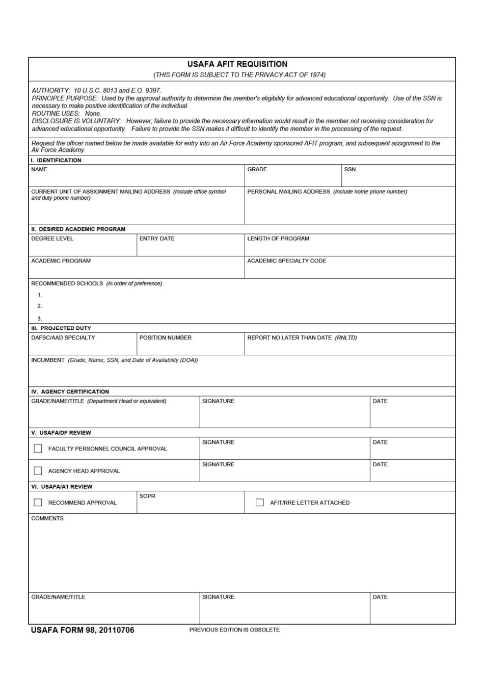 USAFA Form 98 Usafa Afit Requisition, Page 1