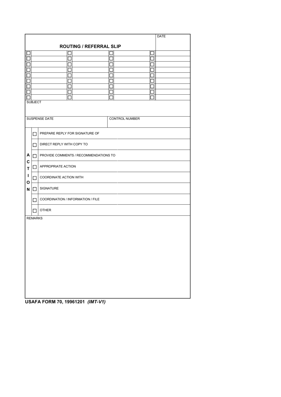 USAFA Form 70 Routing / Referral Slip, Page 1